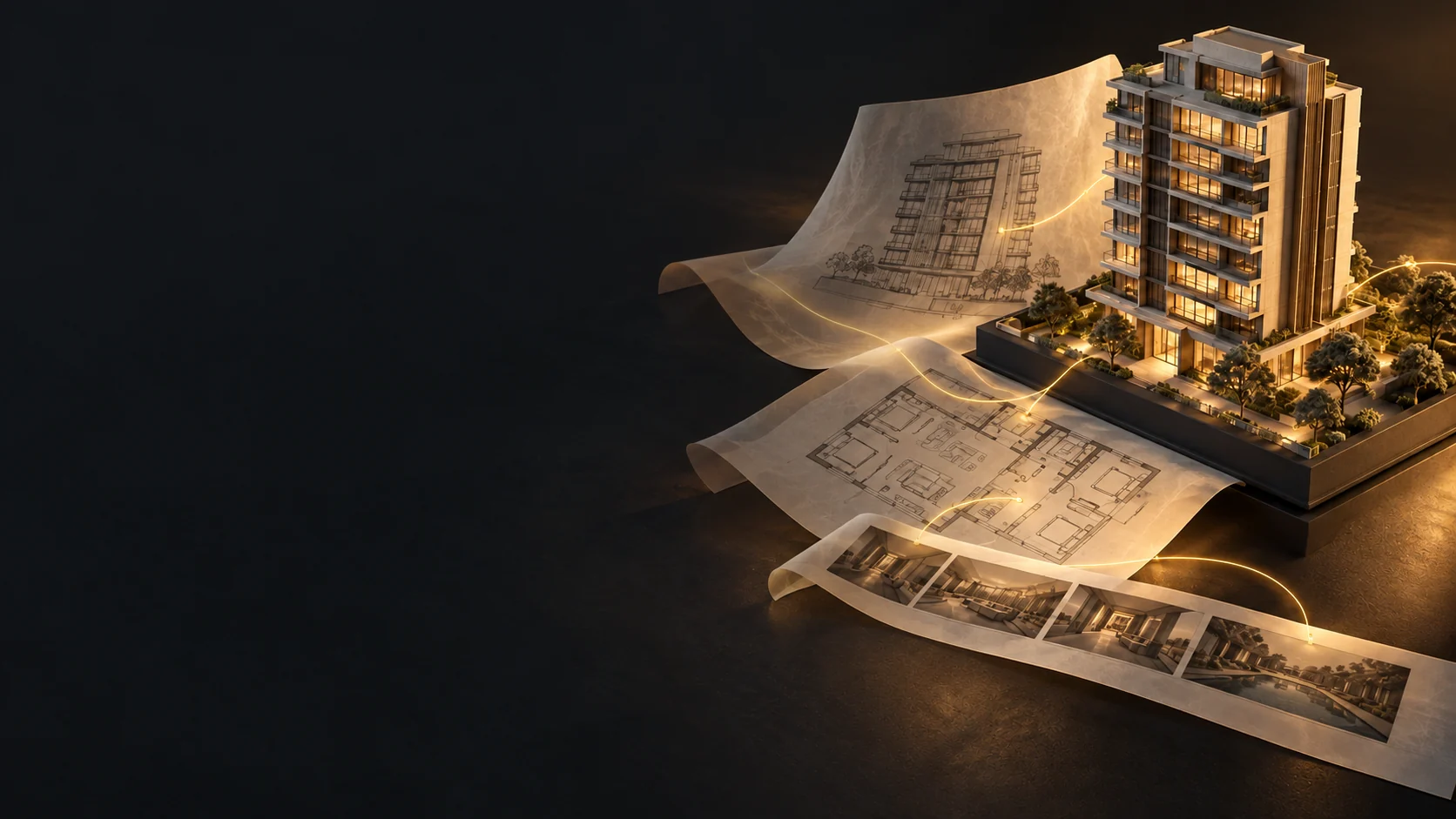 Maquete de um edifício residencial apresentada junto a desenhos de fachada, planta e ambientes internos sobre fundo escuro.