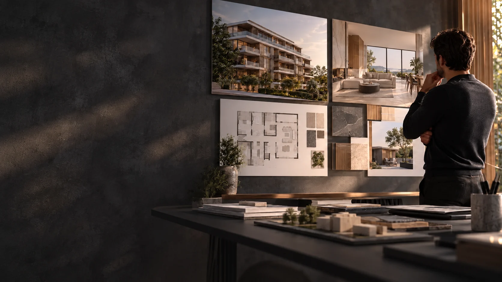 Pessoa analisa painéis com perspectivas, planta baixa e materiais de um empreendimento em ambiente de apresentação.