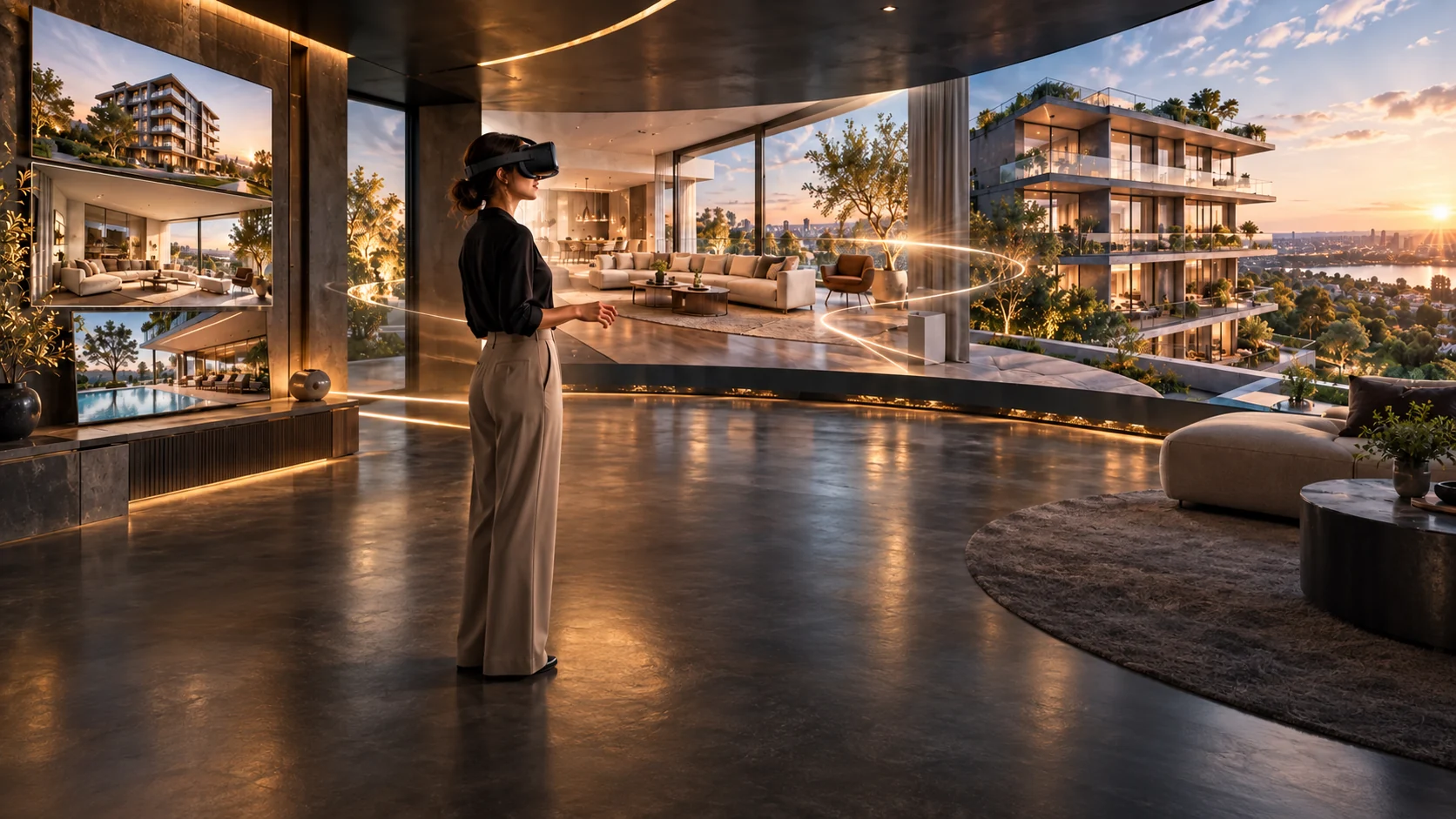 Mulher explora ambientes de um empreendimento com óculos de realidade virtual em uma sala de apresentação com telas de perspectivas arquitetônicas.
