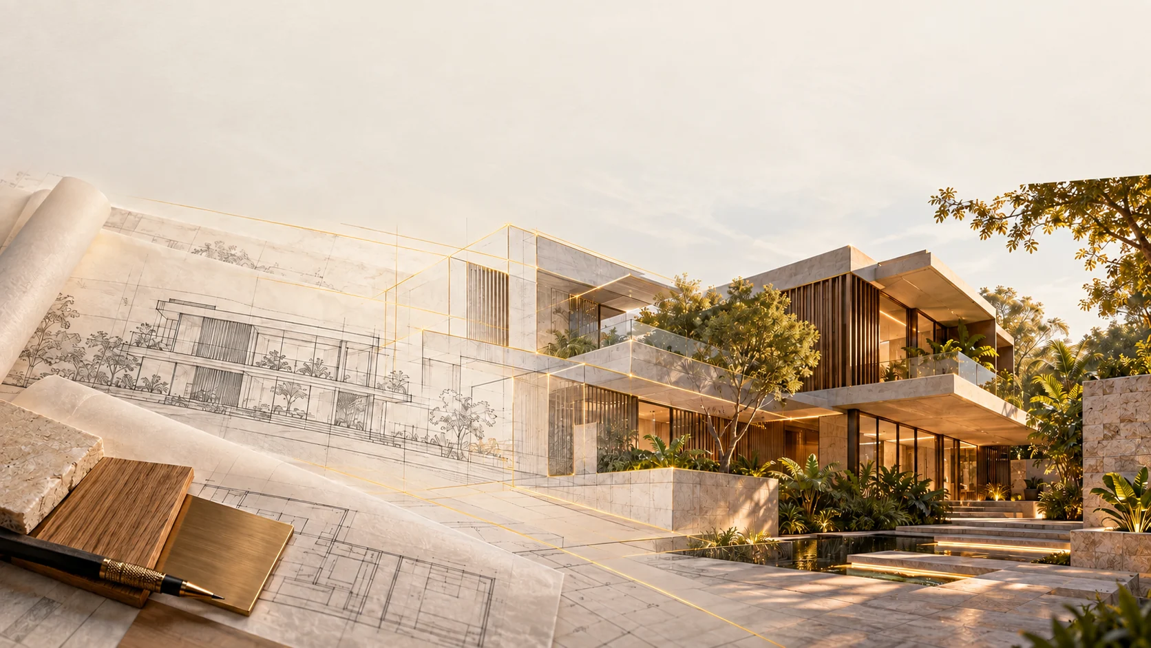 Residência contemporânea apresentada junto a desenhos arquitetônicos e amostras de pedra e madeira.