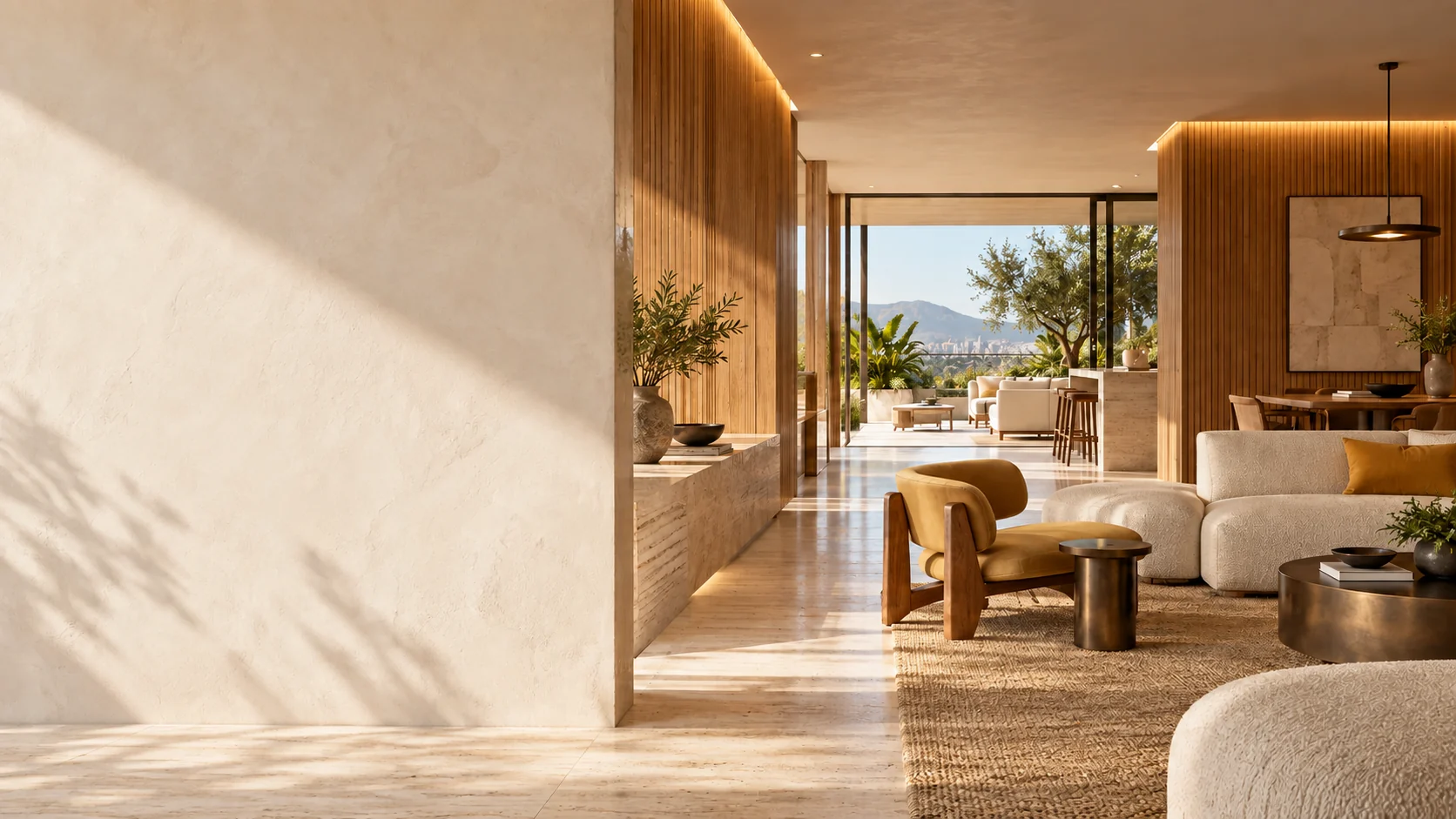 Sala de estar contemporânea integrada à área externa, com madeira natural, tons neutros e iluminação natural.