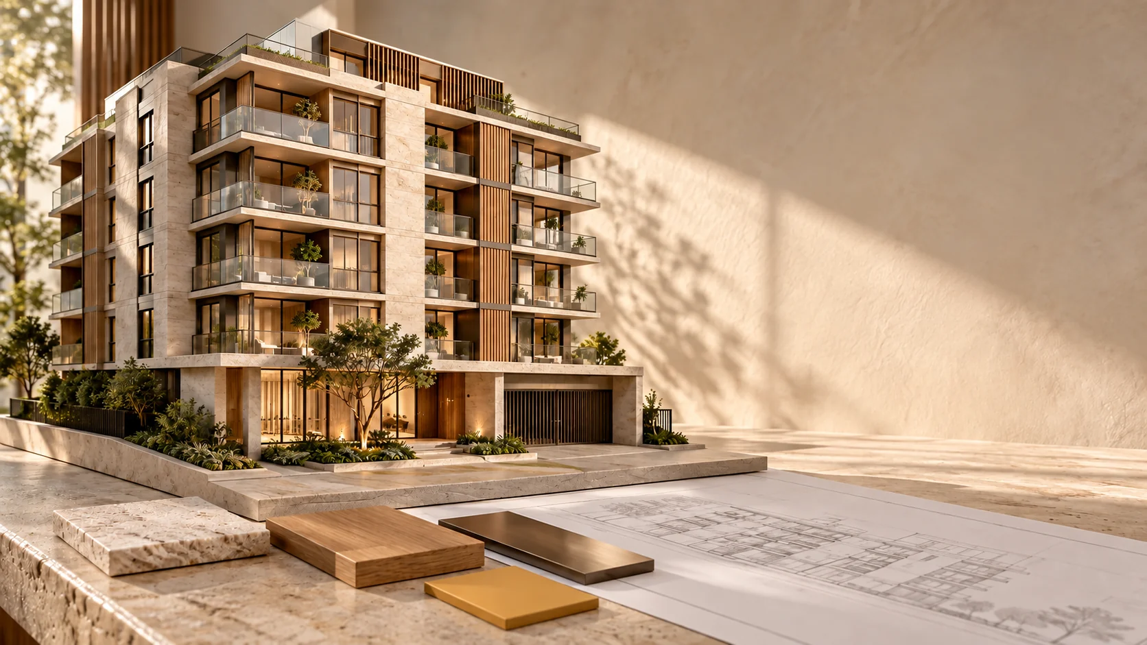 Edifício residencial contemporâneo com varandas, paisagismo e amostras de acabamento sobre uma bancada.