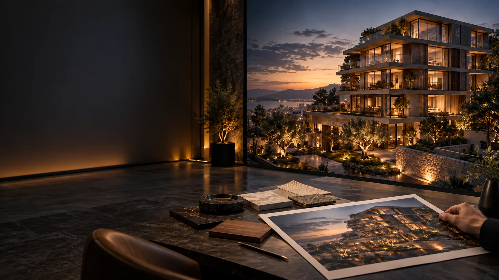 Edifício residencial iluminado ao entardecer aparece em uma tela de apresentação junto a uma prancha impressa sobre uma mesa.