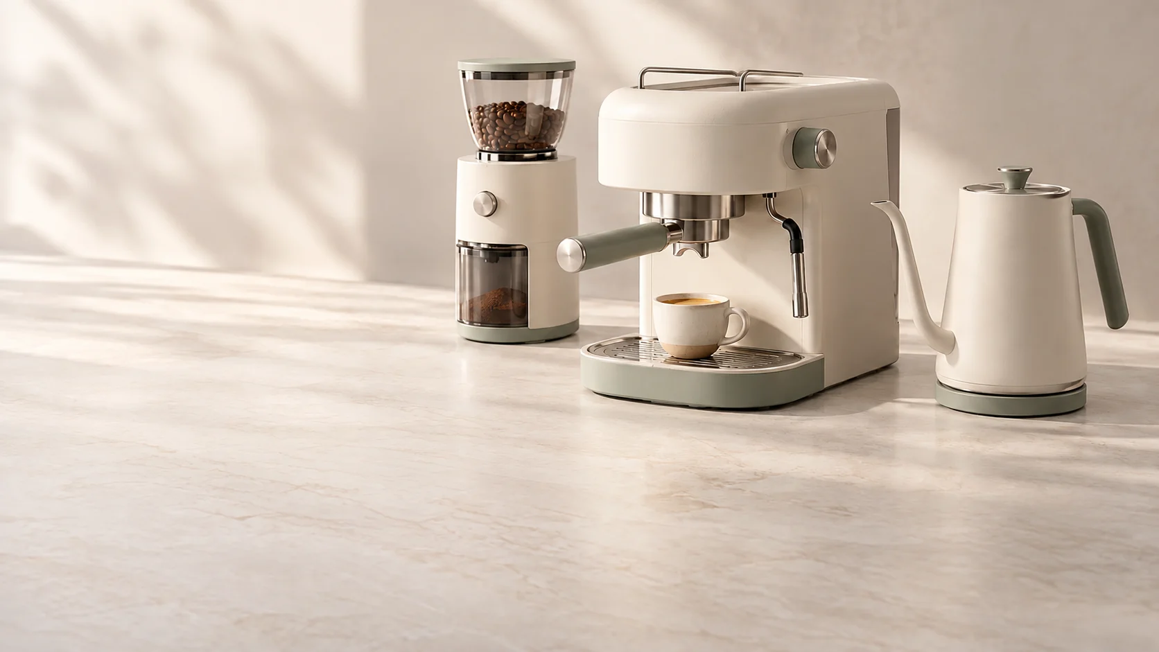 Cafeteira espresso, moedor de café e chaleira de design coordenado em um estúdio de fundo claro.